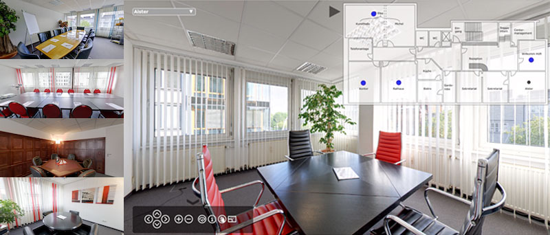 360-Grad Panorama-Rundgang durch verschiedene Büro-Räumlichkeiten. Über einen Grundrissplan kann sich der Betrachter einen Überblick über die Räume verschaffen und über Hotspots in die einzelnen Büros navigieren.